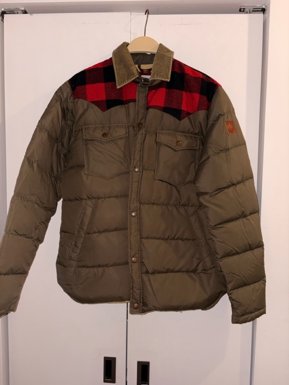 Penfield Olive Puffer Jacket with Red & Black Plaid Yoke